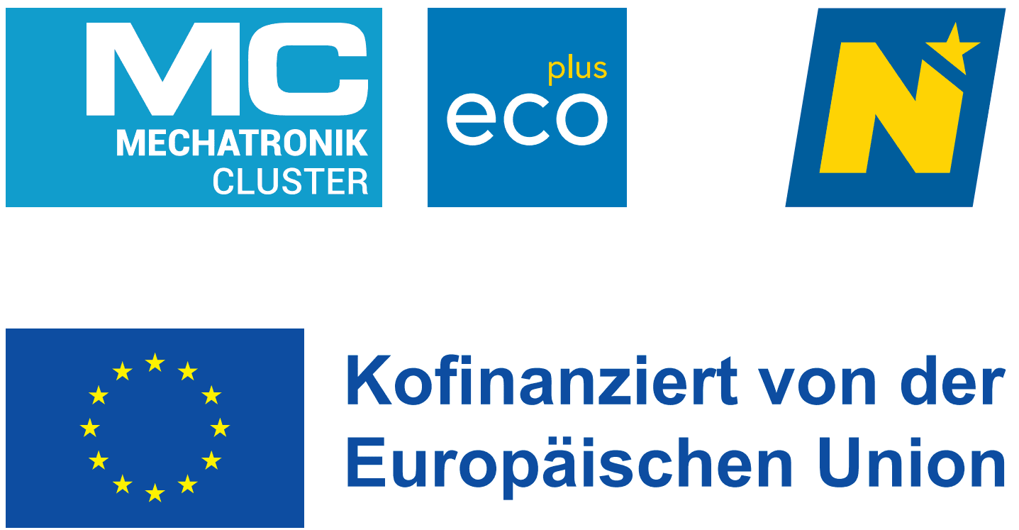 Vier Logos: MC Mechatronik Cluster, ecoplus, ein gelber Stern auf blauem Grund und die EU-Flagge. Text: Kofinanziert von der Europäischen Union (Co-financed by the European Union).