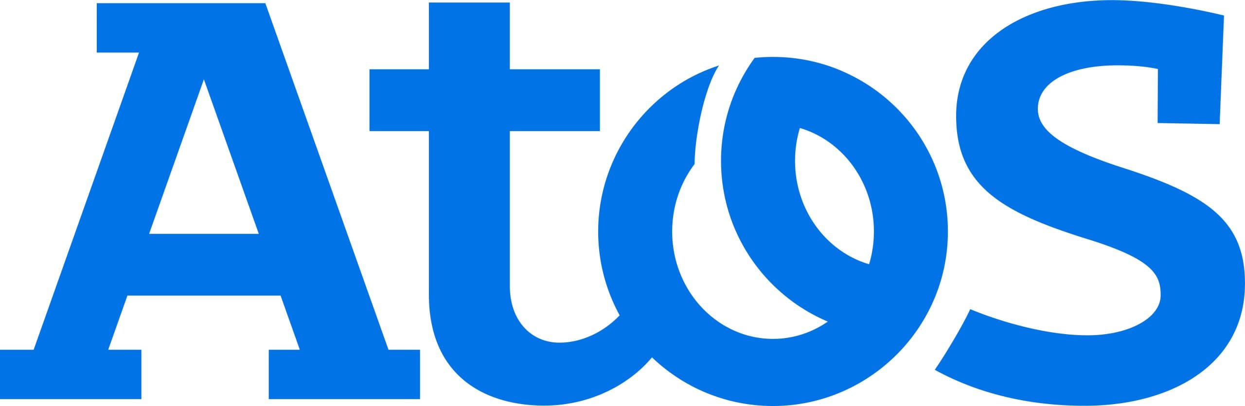 Das Atos-Logo in fetten, blauen Buchstaben mit einem unverwechselbaren Design, bei dem sich der Buchstabe o mit dem t und dem s verbindet.