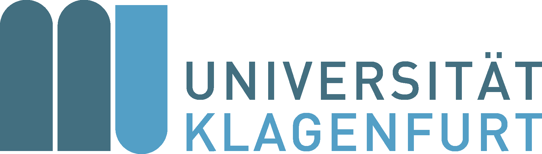 Logo der Universität Klagenfurt mit drei blauen vertikalen Formen auf der linken Seite und dem Text 'UNIVERSITÄT KLAGENFURT' in Großbuchstaben auf der rechten Seite.