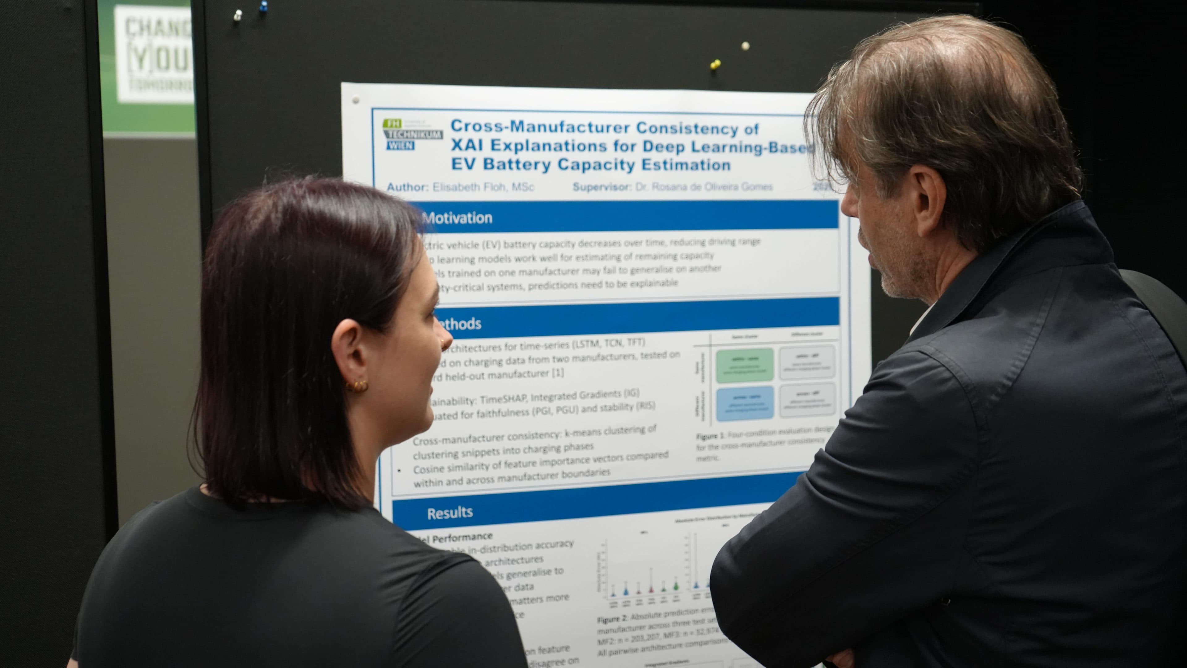 Zwei Personen stehen vor einem wissenschaftlichen Poster und diskutieren über die herstellerübergreifende Konsistenz von XAI-Erklärungen bei der auf Deep Learning basierenden Schätzung der Kapazität von Elektrofahrzeugbatterien. Das Poster enthält Text, Grafiken und Datenvisualisierungen.