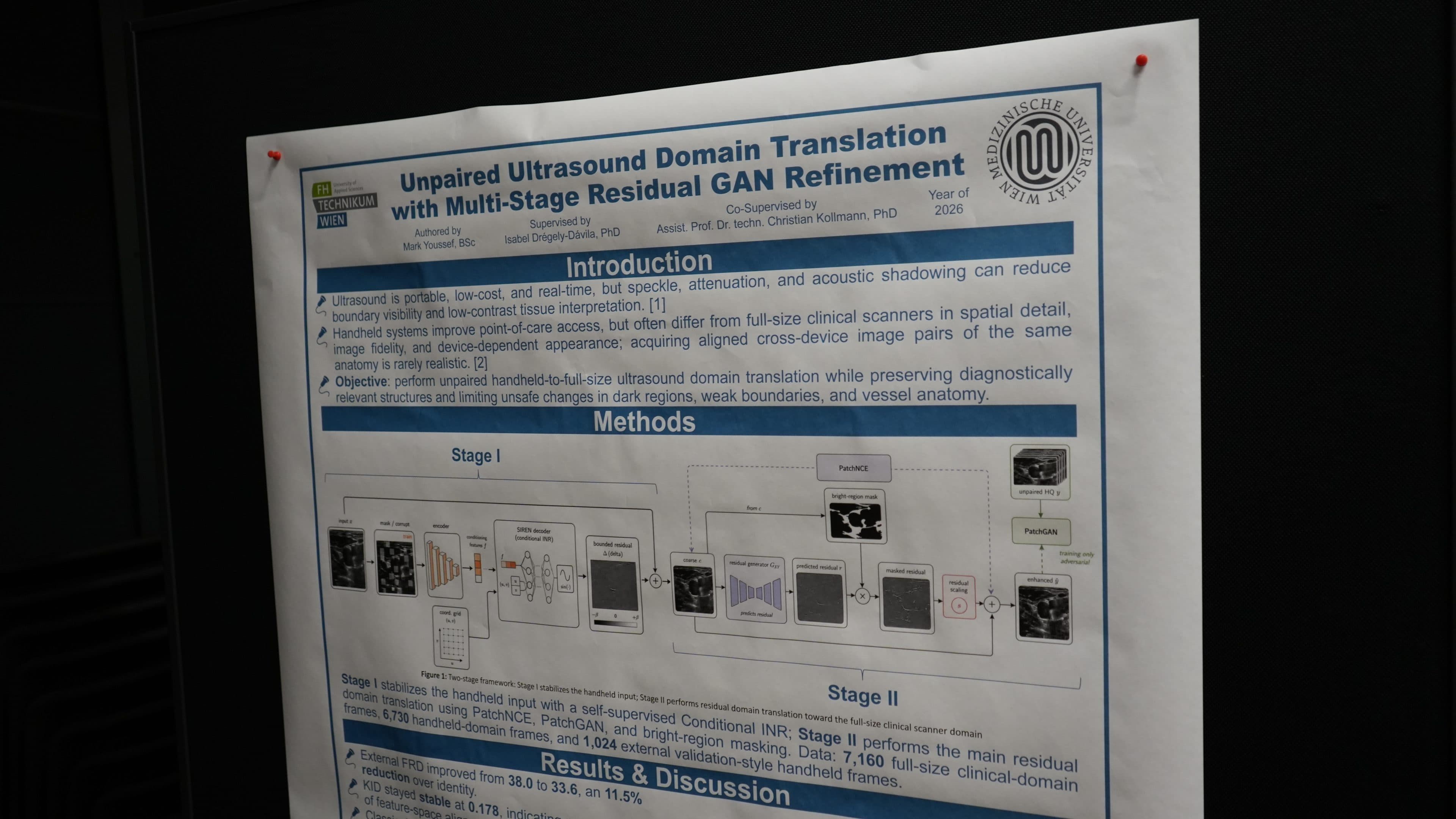An einer Pinnwand ist ein Forschungsposter mit dem Titel „Unpaired Ultrasound Domain Translation with Multi-Stage Residual GAN Refinement“ angebracht, das Abschnitte zu Einleitung, Methoden und Ergebnissen mit Diagrammen und Text enthält.