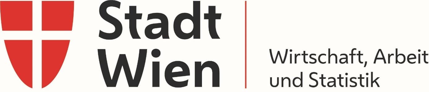Logo der Stadt Wien mit einem roten Schild, auf dem links ein weißes Kreuz und rechts der deutsche Text „Stadt Wien | Wirtschaft, Arbeit und Statistik“ zu sehen ist.