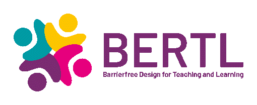 Logo mit drei abstrakten menschlichen Figuren in den Farben Blaugrün, Gelb und Magenta, die einen Kreis bilden. Rechts ist der Text „BERTL“ zu lesen, ergänzt durch den Slogan „Barrierefreies Design für Lehren und Lernen“.