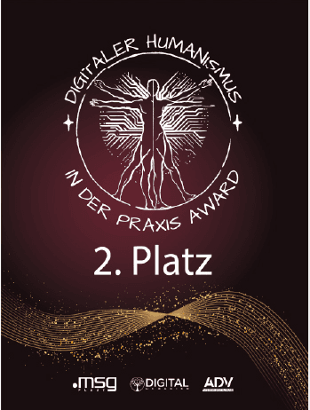 Urkunde mit einem stilisierten „Vitruvianischen Menschen“, Schaltkreisen und deutschem Text: „Digitaler Humanismus in der Praxis“-Auszeichnung, 2. Platz, mit den Logos von msg, Digital und ADV unten auf dunklem Hintergrund.