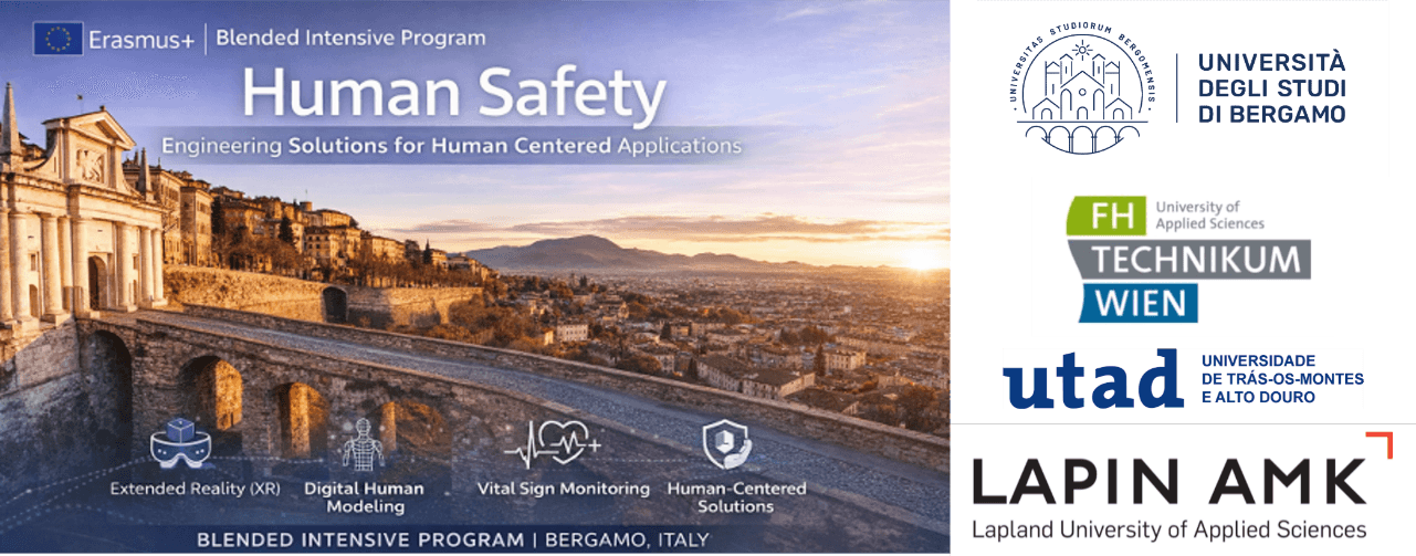 Werbebanner für das Erasmus+-Blended-Intensivprogramm „Human Safety“ mit einer malerischen Ansicht von Bergamo (Italien), Symbolen für digitale Lösungen und den Logos der teilnehmenden Universitäten auf der rechten Seite.