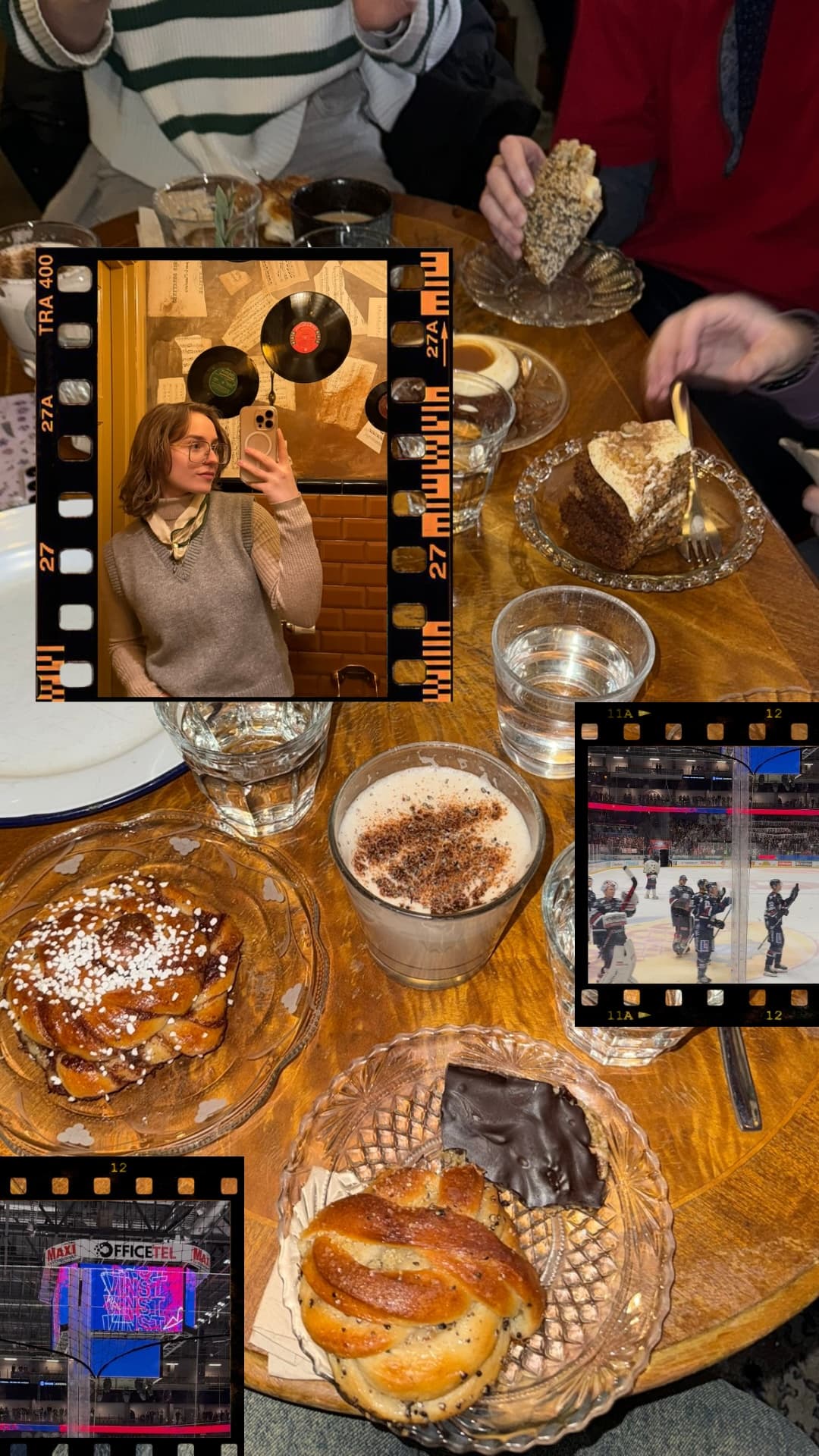Eine Collage zeigt Freunde, die an einem Tisch Kuchen und Gebäck essen, einen Cappuccino, ein Selfie einer Frau in einem Café, ein Eishockeyspiel und eine Anzeigetafel vor einer Arena. Einige der Bilder sind von einem dekorativen Filmstreifen eingerahmt.