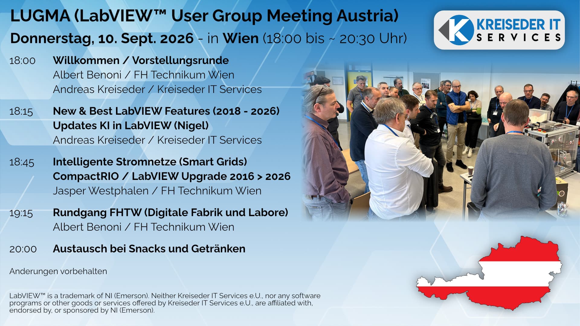 Veranstaltungsprogramm für LUGMA (LabVIEW User Group Meeting Austria) mit einem Gruppenfoto von Menschen, die um einen Tisch versammelt sind, einem blauen Logo von Kreiseider IT Services und einer Karte von Österreich, auf der der Veranstaltungsort in Wien eingezeichnet ist.