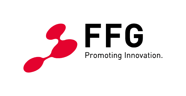 Das FFG-Logo zeigt links drei miteinander verbundene rote Formen, rechts den Schriftzug „FFG“ in fetten schwarzen Buchstaben und den Slogan „Promoting Innovation“, alles vor weißem Hintergrund.