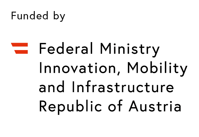 Der Text lautet: Gefördert vom Bundesministerium für Innovation, Mobilität und Infrastruktur der Republik Österreich. Links neben dem Text befindet sich ein rotes Symbol mit drei horizontalen Balken. Der Hintergrund ist hellgrau.