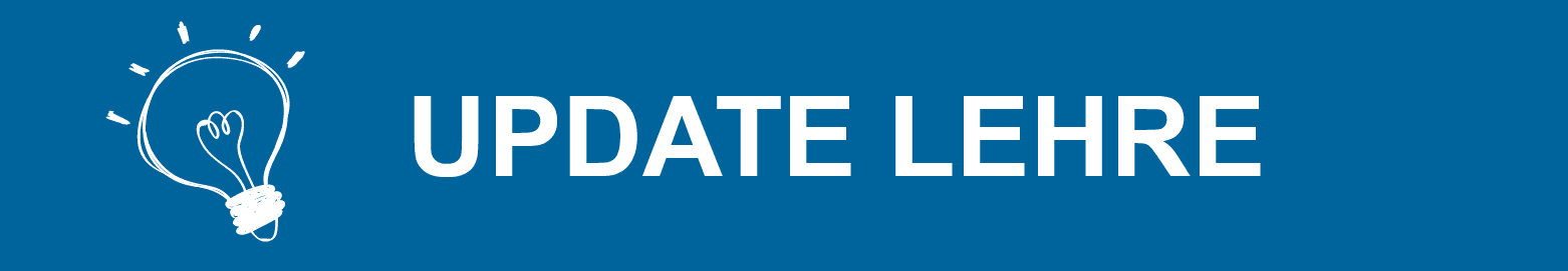 Illustration einer weißen Glühbirne und der Schriftzug „UPDATE LEHRE“ in fetter weißer Schrift auf blauem Hintergrund.