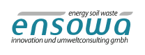 Logo für ensowa innovation und umweltconsulting gmbh mit den Worten energy soil waste oben und zwei grauen geschwungenen Akzenten. Der Text ist in blaugrüner und grauer Farbe auf weißem Hintergrund.