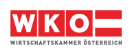 Das Logo der Wirtschaftskammer Österreich zeigt die Buchstaben WKO in Weiß auf roten Quadraten, mit der österreichischen Flagge, über dem Namen der Organisation in deutscher Sprache.
