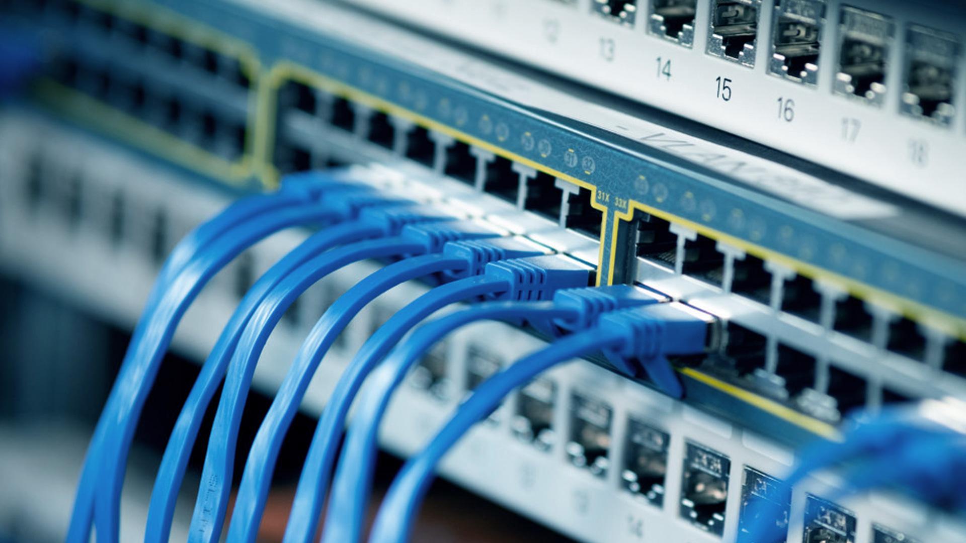 Nahaufnahme von mehreren blauen Ethernet-Kabeln, die an Netzwerk-Switches angeschlossen sind, wobei mehrere Anschlüsse und Anzeigen sichtbar sind, die die Infrastruktur für Computernetzwerke und Datenkommunikation darstellen.