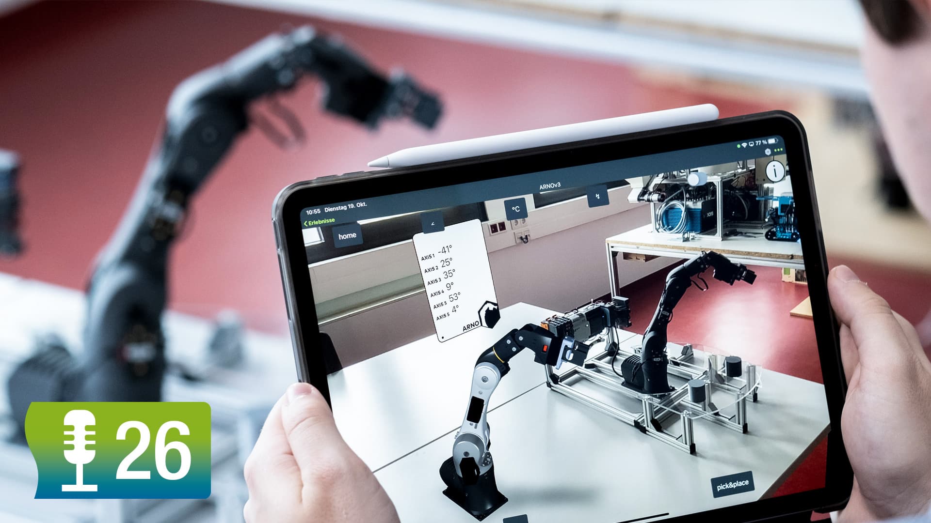 Tablet mit Roboter und Digital Twin