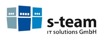 Logo für s-team IT solutions GmbH mit drei blauen serverähnlichen Icons auf der linken Seite und dem Firmennamen in fetter schwarzer Schrift auf der rechten Seite.