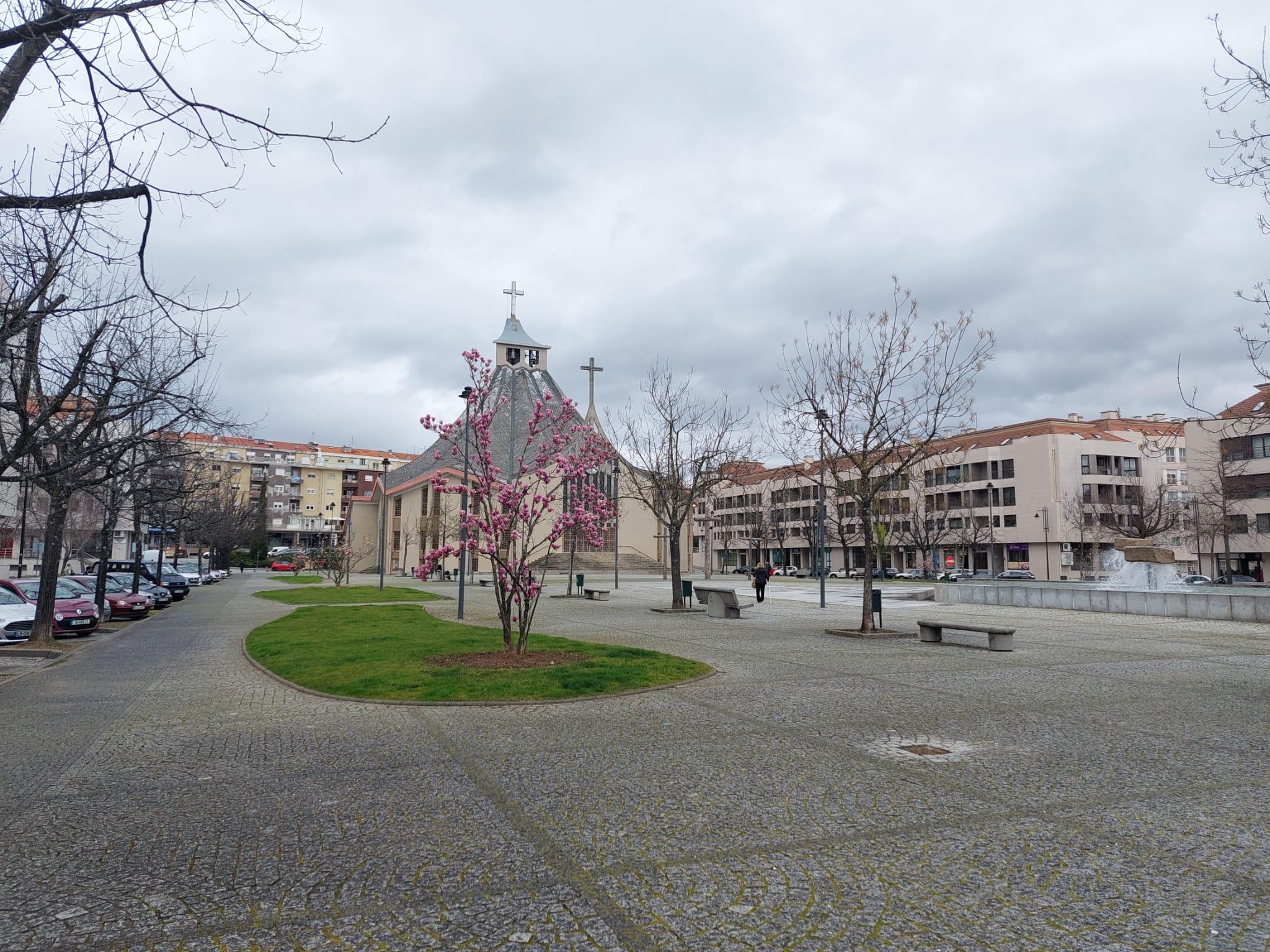 Ein kleiner Platz mit blattlosen Bäumen und einem blühenden Baum in der Mitte, Bänken, parkenden Autos auf der linken Seite und einer Kirche mit einem Kreuz im Hintergrund, umgeben von Wohnhäusern unter einem bewölkten Himmel.