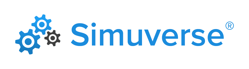 Logo für Simuverse mit drei ineinander greifenden Zahnrädern in Blau und Schwarz links vom Markennamen 'Simuverse' in fetten blauen Buchstaben, mit einem eingetragenen Markensymbol.