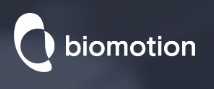 Weißes Biomotion-Logo mit zwei sich überlappenden ovalen Formen auf dunklem Hintergrund, daneben das Wort Biomotion in weißen Kleinbuchstaben.