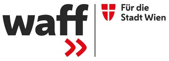 Logo mit dem Wort waff in fetten schwarzen Buchstaben, zwei roten Pfeilen und einem roten Schild. Rechts daneben steht der Text Für die Stadt Wien in deutscher Sprache.