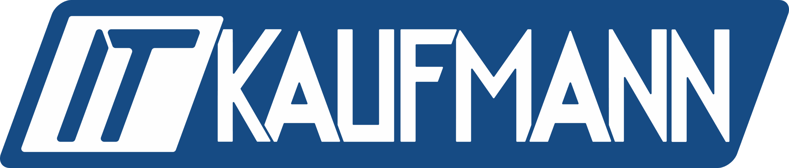 Logo mit dem Wort KAUFMANN in fetten, weißen, geometrischen Buchstaben auf blauem Hintergrund. Auf der linken Seite befindet sich ein stilisiertes K-Symbol, ebenfalls in weiß, innerhalb eines blauen Rechtecks.