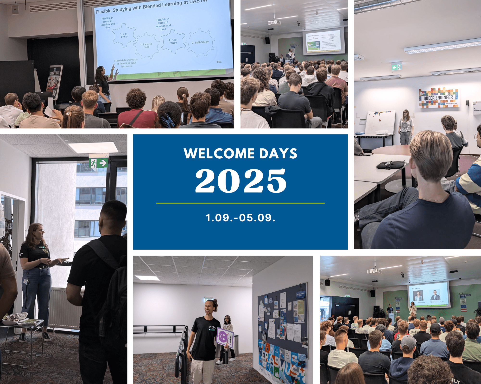 Eine Fotocollage zeigt Schülerinnen und Schüler, die an Präsentationen und Gruppensitzungen bei einer Bildungsveranstaltung teilnehmen. Der Text in der Mitte lautet: 'WILLKOMMENSTAGE 2025, 1.09.-05.09.'.