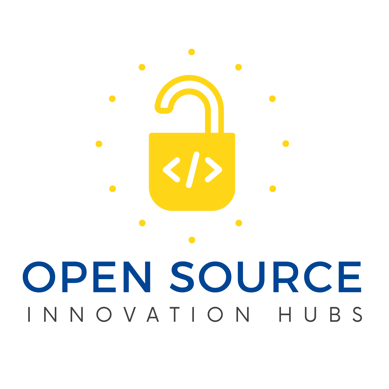 Ein gelbes, offenes Vorhängeschloss mit einem Code in Klammern ist von kleinen Punkten umgeben. Darunter steht in blauer Schrift OPEN SOURCE und in kleinerer grauer Schrift INNOVATION HUBS. Der Hintergrund ist hellgrau.