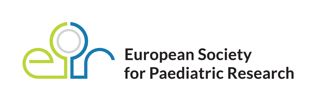 Logo der Europäischen Gesellschaft für Pädiatrische Forschung, mit stilisierten Kleinbuchstaben espr in Grün und Blau, rechts davon der Name der Gesellschaft in schwarzer Schrift.