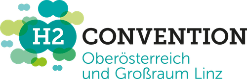Logo für H2 CONVENTION Oberösterreich und Großraum Linz mit H2 in einem weißen Kreis mit grünen und blauen Blasen und dem Veranstaltungsnamen in schwarzer und blaugrüner Schrift.