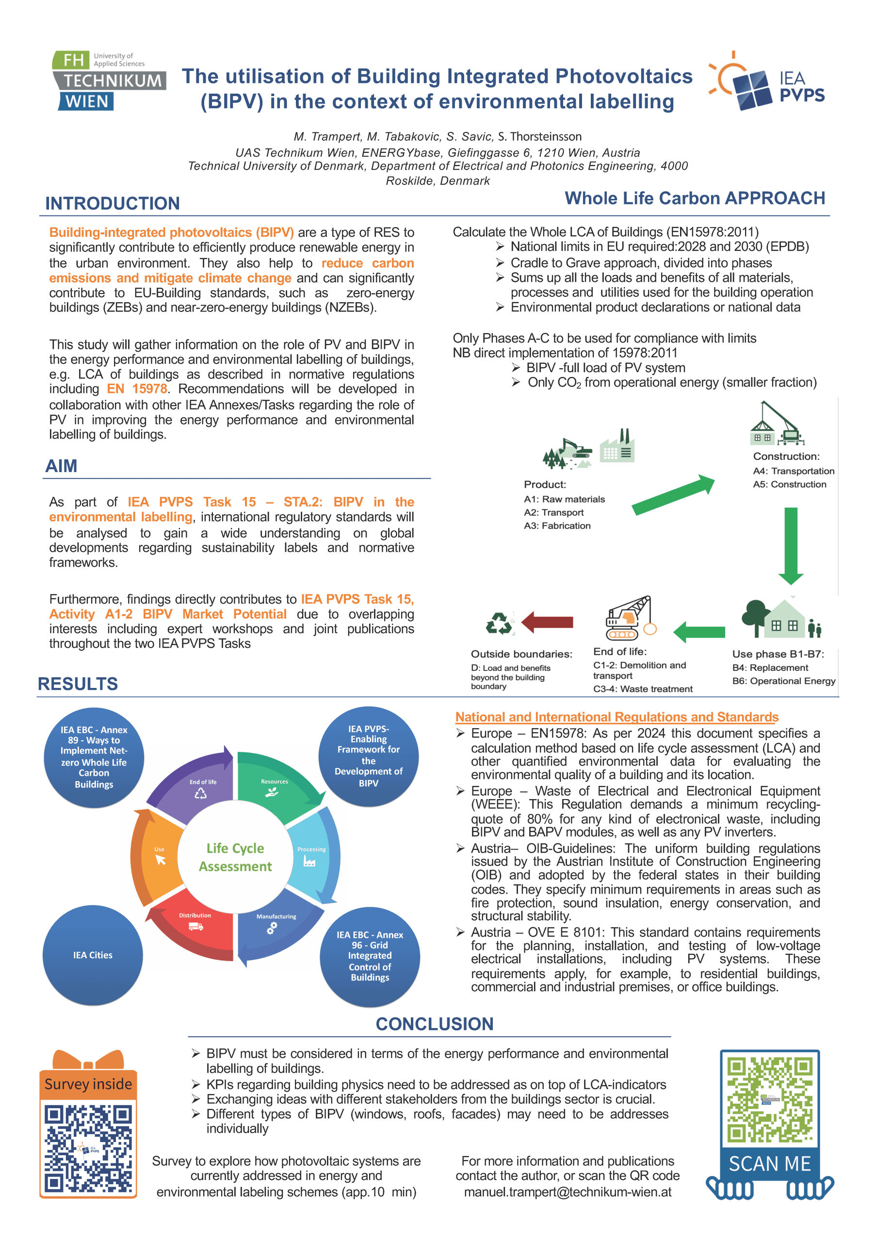 Ein wissenschaftliches Poster erörtert die Verwendung von gebäudeintegrierter Photovoltaik (BIPV) bei der Umweltkennzeichnung und zeigt Diagramme, Tabellen und Text über die Bewertung des Kohlenstoffs während des gesamten Lebenszyklus, Ergebnisse und Schlussfolgerungen, mit QR-Codes und Informationen zur Umfrage.