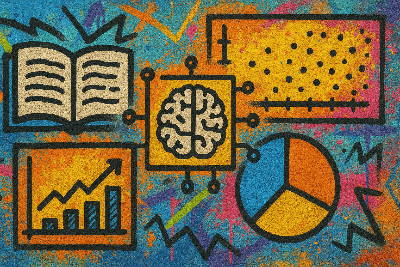 Bunte Illustration im Stil einer Wandmalerei, die ein aufgeschlagenes Buch, ein Gehirn in einem Mikrochip, ein Streudiagramm, ein Balkendiagramm und ein Tortendiagramm zeigt und Lernen, Technologie und Datenanalyse darstellt.