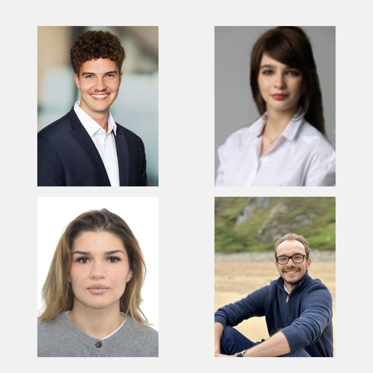 Eine Collage mit vier Personen: ein lächelnder Mann mit lockigem Haar im Anzug, eine Frau mit braunem Haar in weißer Bluse, eine Frau mit langem Haar und grauem Oberteil und ein Mann mit Brille und Bart, der im Freien sitzt.