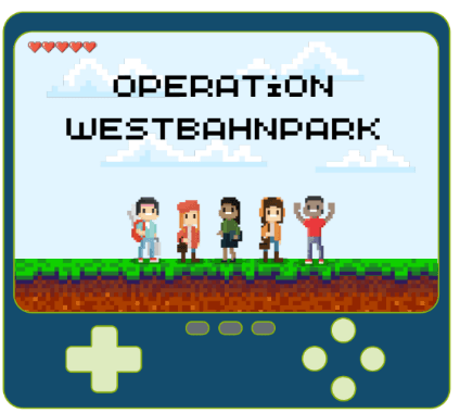 Eine Handheld-Spielkonsole im Retrostil zeigt fünf Pixelgrafik-Figuren, die auf einer Wiese stehen, mit dem Text OPERATION WESTBAHNPARK über ihnen und vier roten Herzen in der oberen linken Ecke.
