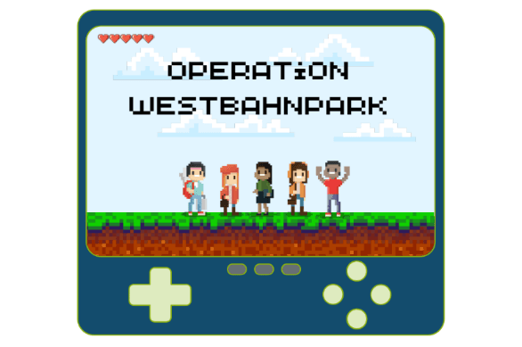 Ein Pixelart-Bildschirm zeigt OPERATION WESTBAHNPARK über fünf verschiedenen Charakteren, die in einer Videospielumgebung auf einer Wiese stehen, mit Herzen oben links und Spielkontrollen darunter.