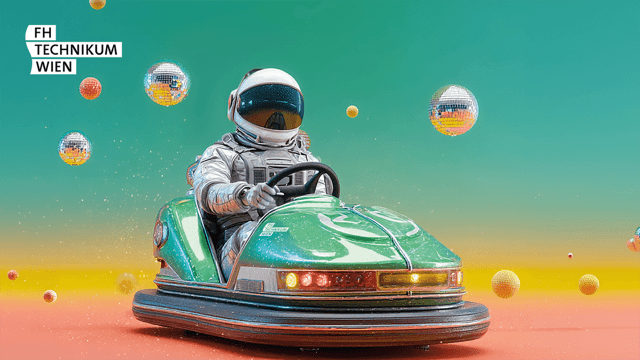 Ein Astronaut fährt einen grünen Autoscooter, der von schwebenden Discokugeln umgeben ist, vor einem leuchtenden Hintergrund in Grün und Gelb mit Farbverlauf. Das Logo der FH Technikum Wien befindet sich in der oberen linken Ecke.