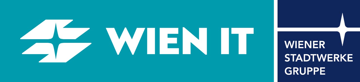 Logo mit einem weißen geometrischen Symbol und dem Text WIEN IT auf grünem Hintergrund. Rechts daneben ist auf einer blauen Fläche die WIENER STADTWERKE GRUPPE in weißer Farbe mit einem weißen Stern abgebildet.