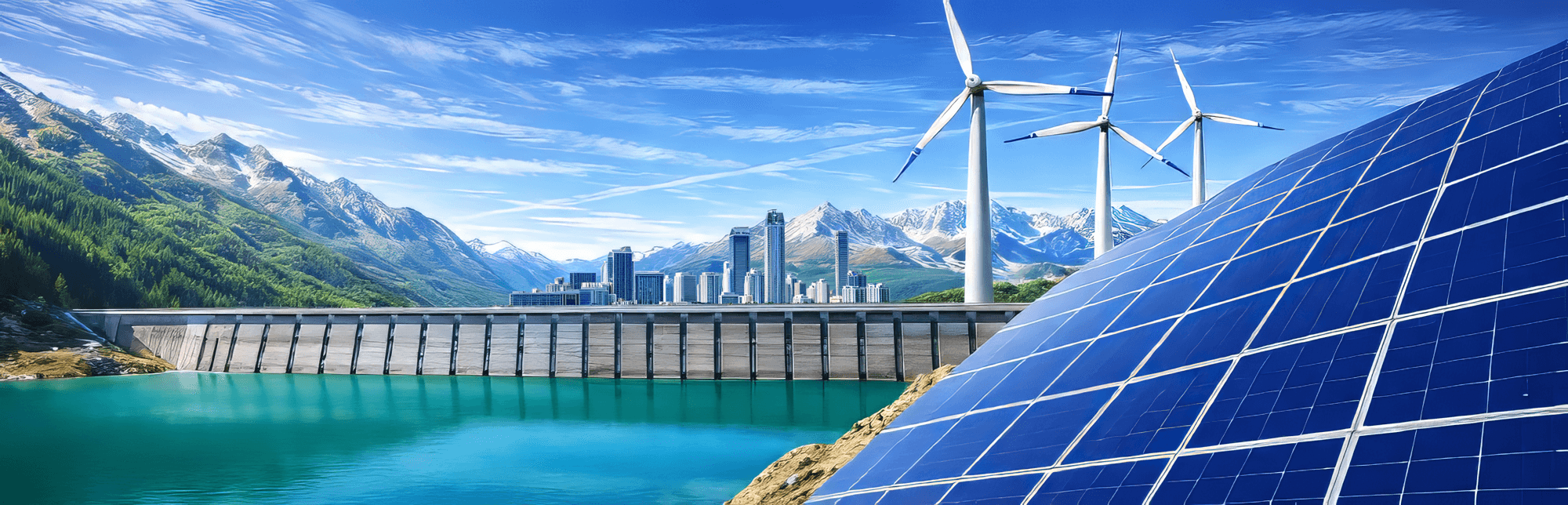 Eine Stadt mit Wolkenkratzern steht an einem Damm und Stausee, umgeben von Bergen. Im Vordergrund sind Sonnenkollektoren und Windturbinen zu sehen, die saubere Energiequellen in einer natürlichen Landschaft darstellen.