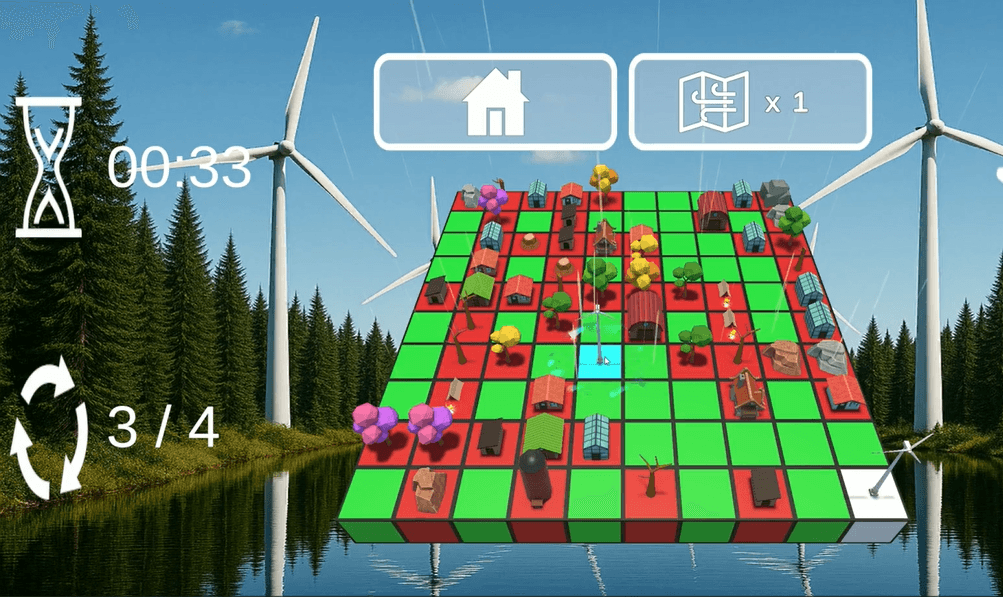 Eine digitale Spieloberfläche mit einer grün-roten Rasterkarte mit Bäumen, Gebäuden und Windturbinen, überlagert mit Symbolen und Zählern, vor einem Hintergrund aus echten Windturbinen, Kiefern und einem spiegelnden See.