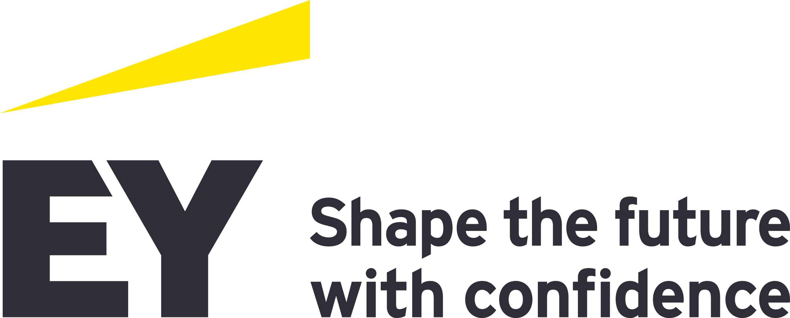 EY-Logo mit einem gelben Dreieck über den Buchstaben EY und dem Text Shape the future with confidence in fetter, dunkler Schrift auf hellem Hintergrund.