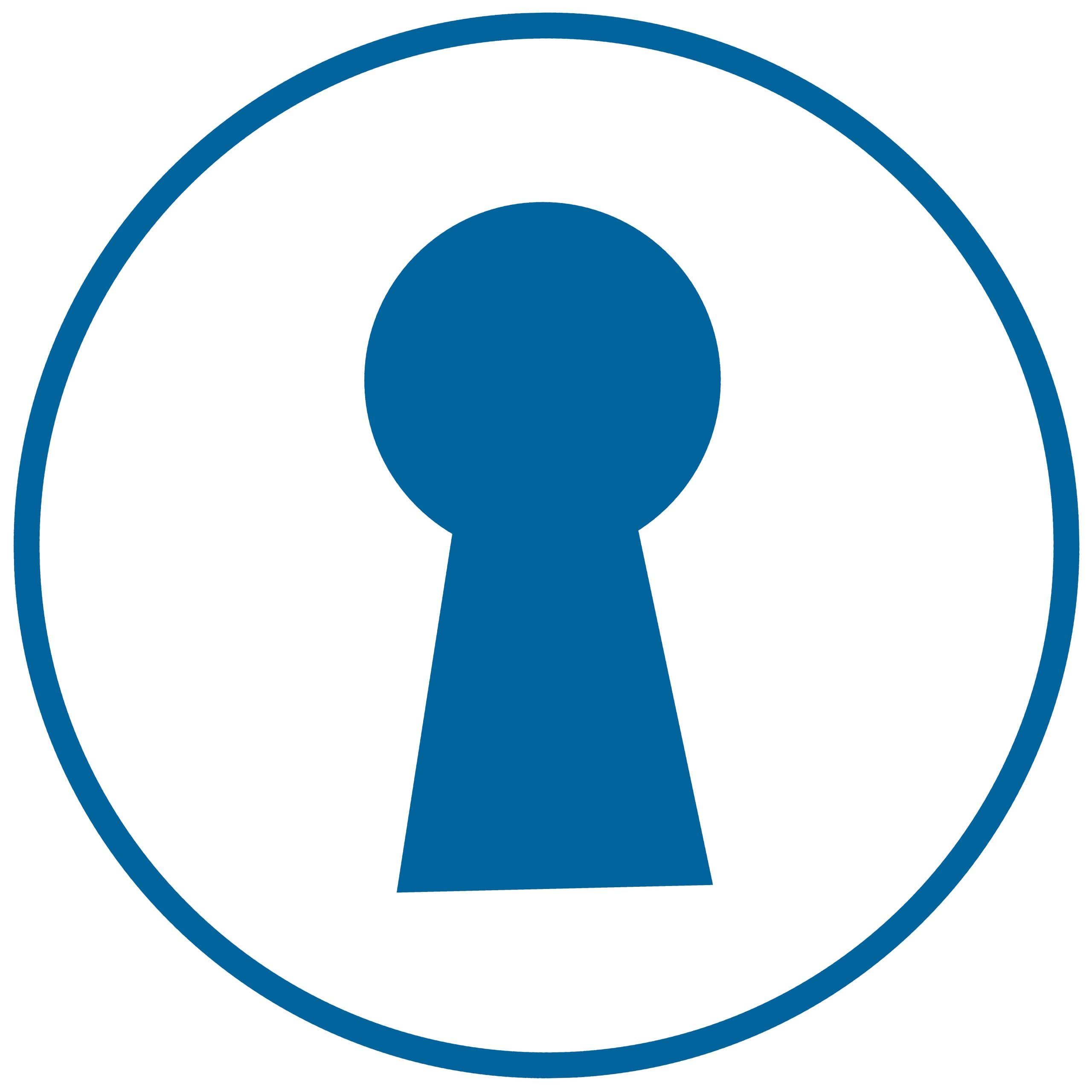 Ein blaues Schlüssellochsymbol innerhalb eines blauen Kreises auf weißem Hintergrund.