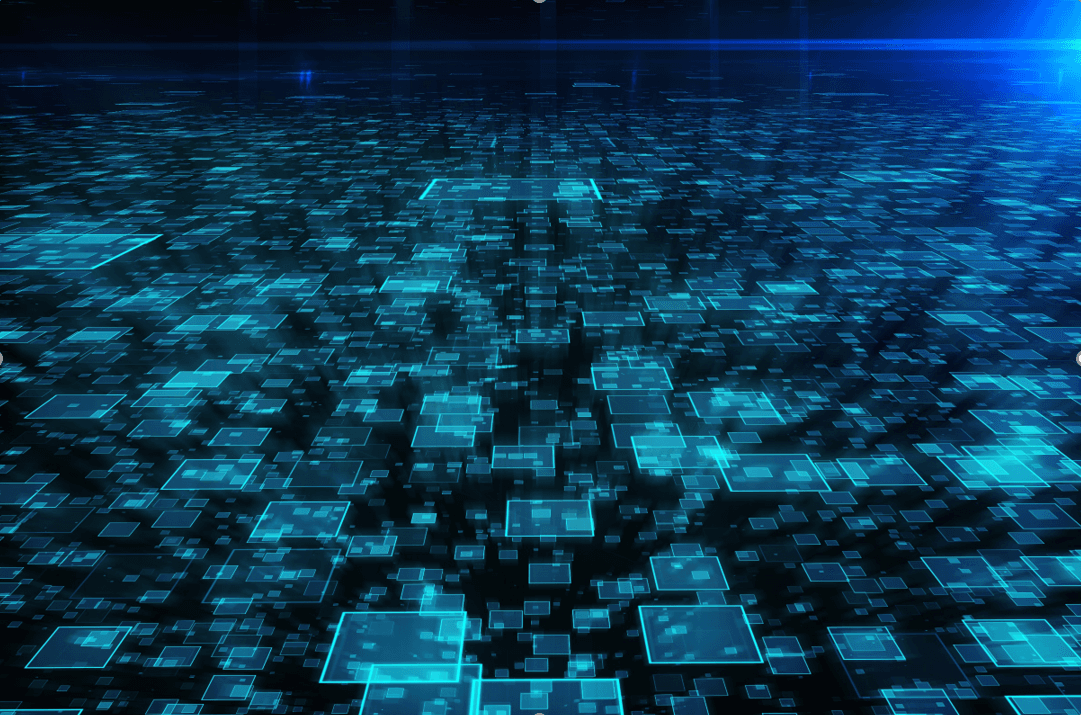 Eine digitale Landschaft mit leuchtenden blauen Quadraten und Rechtecken auf dunklem Hintergrund, die an ein futuristisches Datennetz oder eine Platine erinnert. Lichtstrahlen leuchten von oben und verstärken die High-Tech-Atmosphäre.
