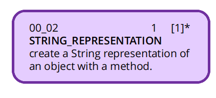Ein lilafarbenes, abgerundetes Rechteck mit der Beschriftung 00_02 STRING_REPRESENTATION und der Text erzeugen eine String-Darstellung eines Objekts mit einer Methode.