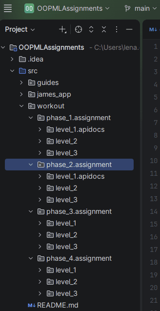 Screenshot eines VS-Code-Dateiexplorers, der die Projektstruktur von OOPMLAssignments zeigt, mit verschachtelten Ordnern für guides, james_app und workout, die jeweils mehrere Unterordner für Phasen und Ebenen enthalten.