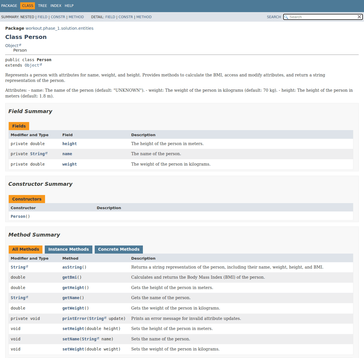 Screenshot der Java-Klassendokumentation für Person mit Abschnitten für Felder, Konstruktoren und Methoden. Die Felder umfassen Name, Gewicht und Größe. Methoden ermöglichen das Abrufen/Einstellen dieser Werte und die Berechnung des BMI.