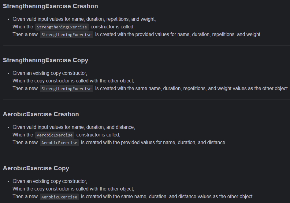 Screenshot der Dokumentationsabschnitte, in denen der Erstellungs- und Kopiervorgang für die Klassen StrengtheningExercise und AerobicExercise beschrieben wird, mit Angabe der Eingabewerte, Konstruktoren und resultierenden Objekteigenschaften.