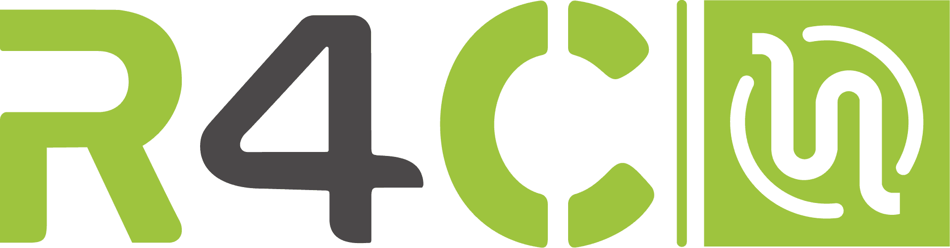 Logo mit stilisierten Buchstaben R4C in Schwarz und Hellgrün, gefolgt von einem hellgrünen Quadrat mit einem weißen Wirbelmuster. Das gesamte Farbschema ist schwarz, weiß und hellgrün.