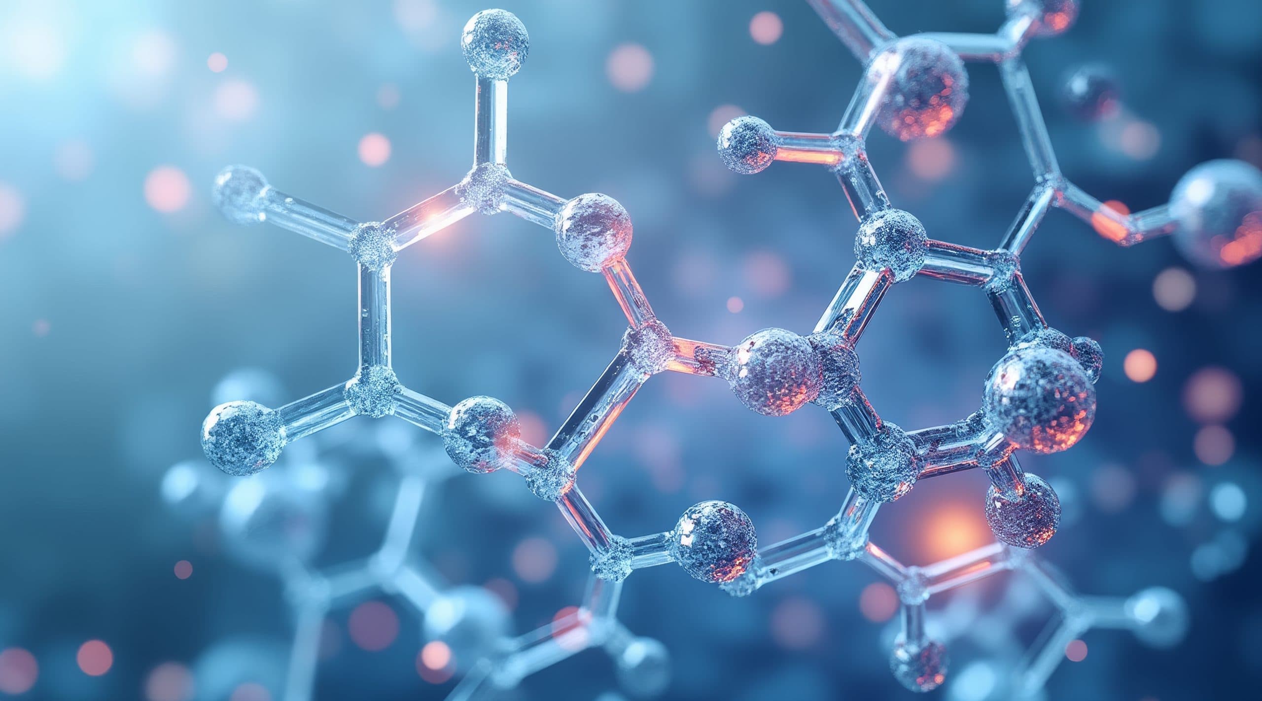 Eine künstlerische 3D-Nahaufnahme einer Molekularstruktur mit miteinander verbundenen transparenten Kugeln und Stäben, die Atome und Bindungen darstellen, vor einem verschwommenen blauen Hintergrund mit leuchtenden Bokeh-Lichtern.