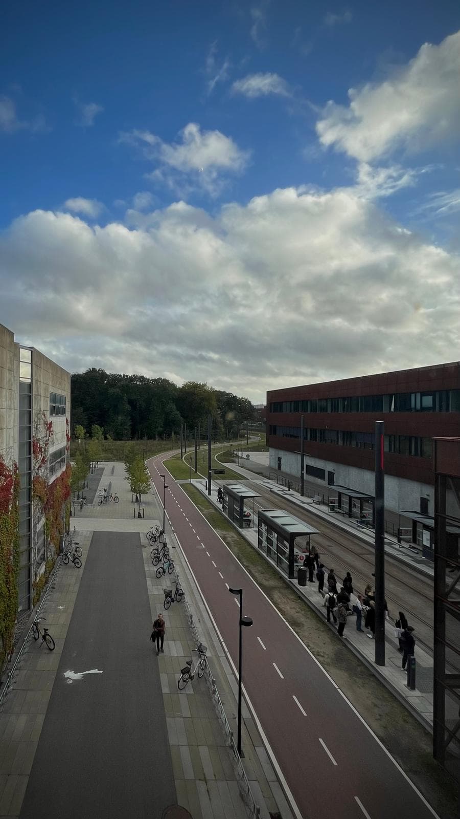 Ein Radweg und Straßenbahnschienen verlaufen parallel zwischen modernen Gebäuden unter einem teilweise bewölkten Himmel. Menschen gehen und warten an der Straßenbahnhaltestelle; Fahrräder sind entlang des Weges geparkt. Im Hintergrund sind Bäume und Grünflächen zu sehen.