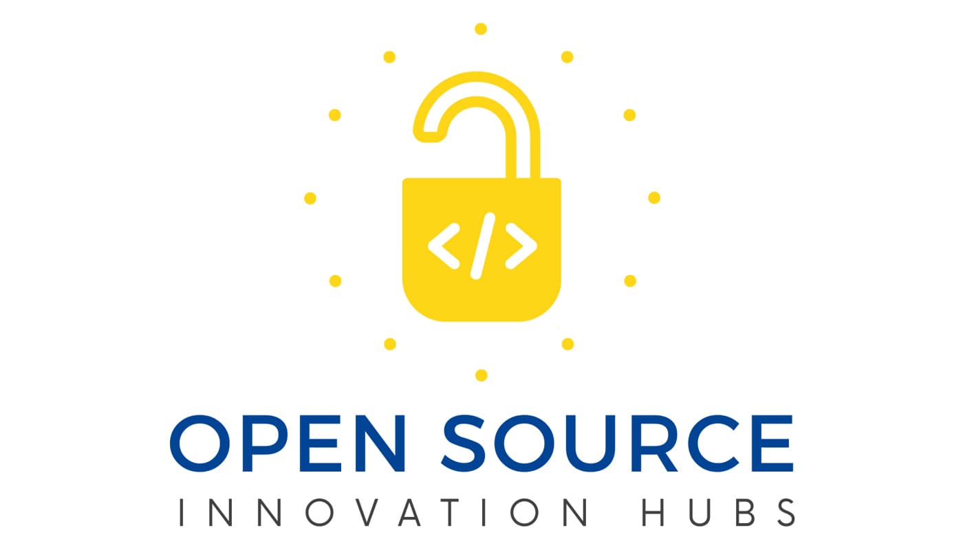 Ein gelbes offenes Vorhängeschloss mit Codesymbolen ist von Punkten umgeben, darüber steht in blauen und grauen Großbuchstaben OPEN SOURCE INNOVATION HUBS.