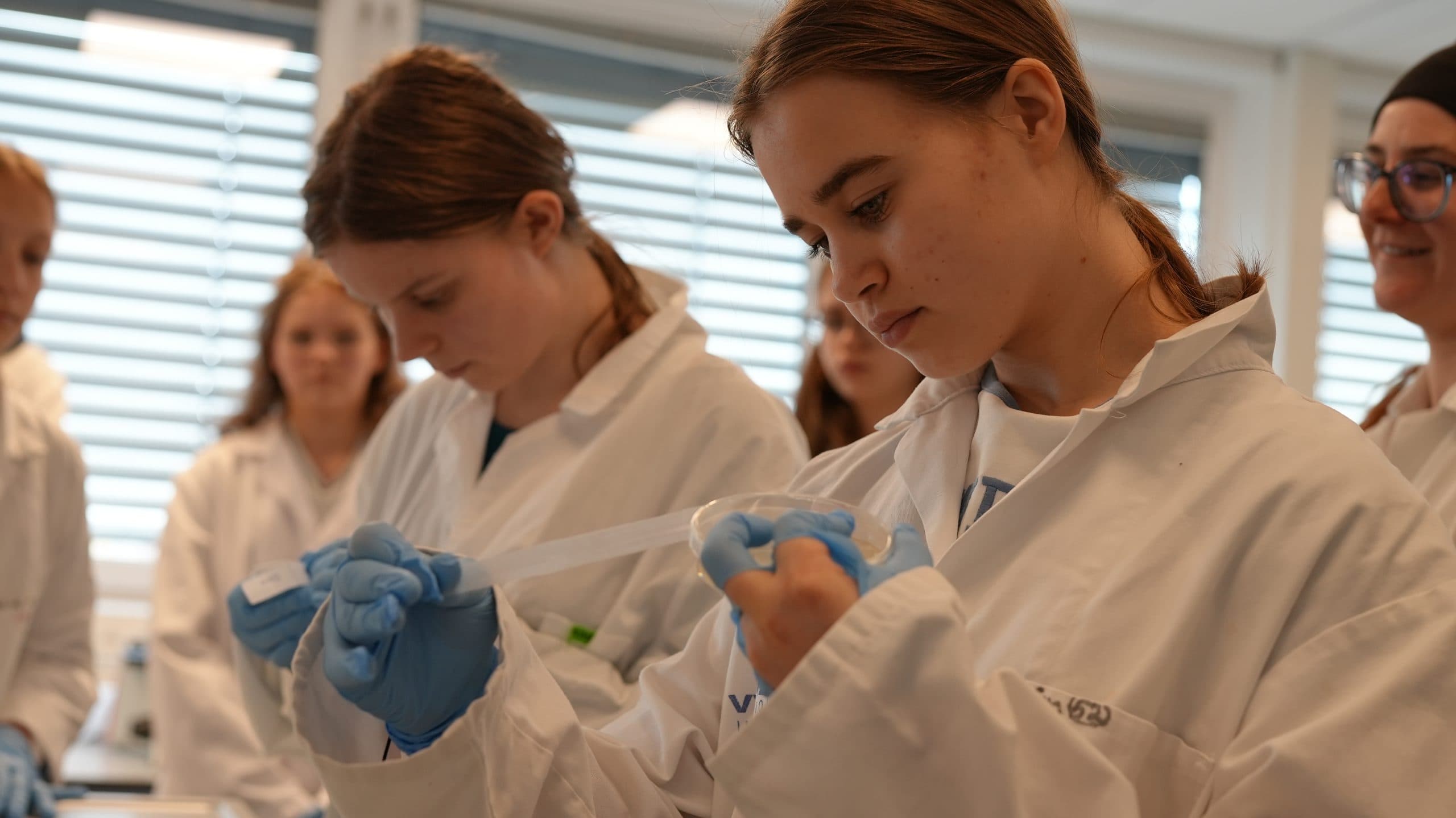 Mehrere junge Frauen in weißen Laborkitteln und blauen Handschuhen beschäftigen sich in einer hellen Laborumgebung konzentriert mit wissenschaftlichen Materialien, was darauf hindeutet, dass sie an einem Experiment oder einer Forschungstätigkeit beteiligt sind.