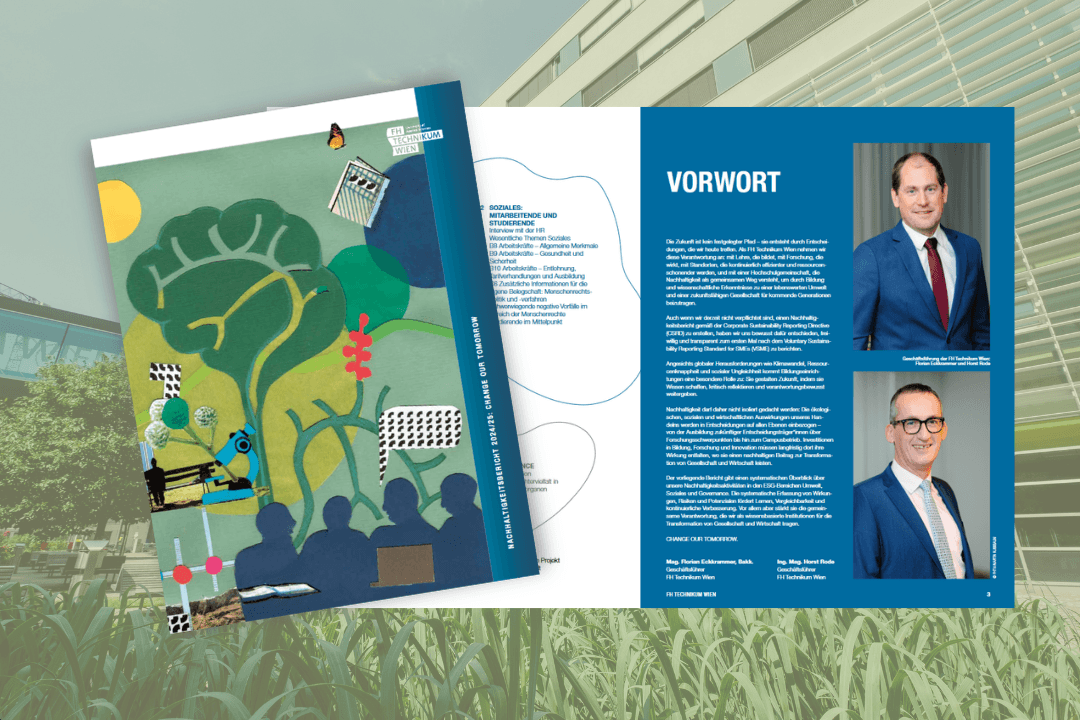 Ein Magazin mit einer illustrierten Titelseite, die abstrakte Formen und Silhouetten zeigt, und einer Innenseite, die Profile und Fotos von zwei Männern in Anzügen neben einem Textabschnitt mit dem Titel VORWORT auf blauem Hintergrund zeigt.